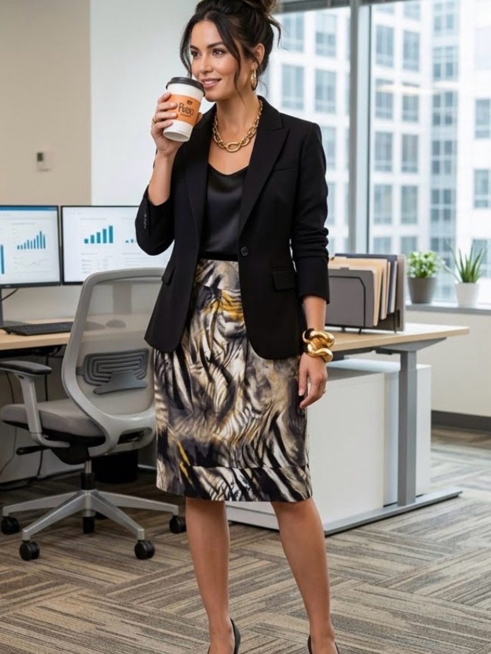 East 5th Abstract Animal-Print Pencil Skirt in Black, Gold and Cream